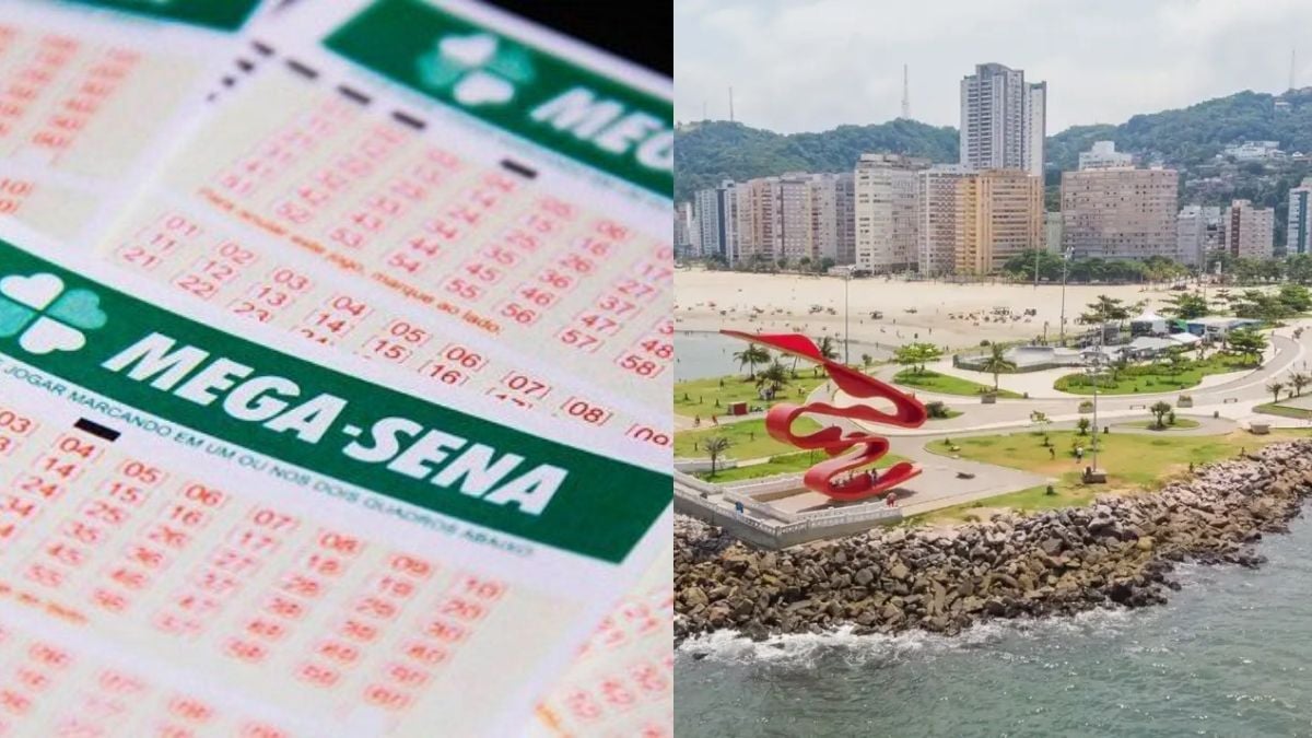 Bilhete da Mega-Sena e vista da orla de Santos, na Baixada Santista, com praia, prédios e escultura vermelha à beira-mar.