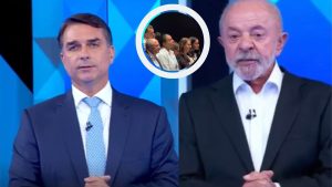 Montagem fotográfica do debate presidencial da TV Globo exibindo os candidatos Flávio Bolsonaro e Lula, com recorte circular destacando a mãe de Ana Clara presente na plateia.