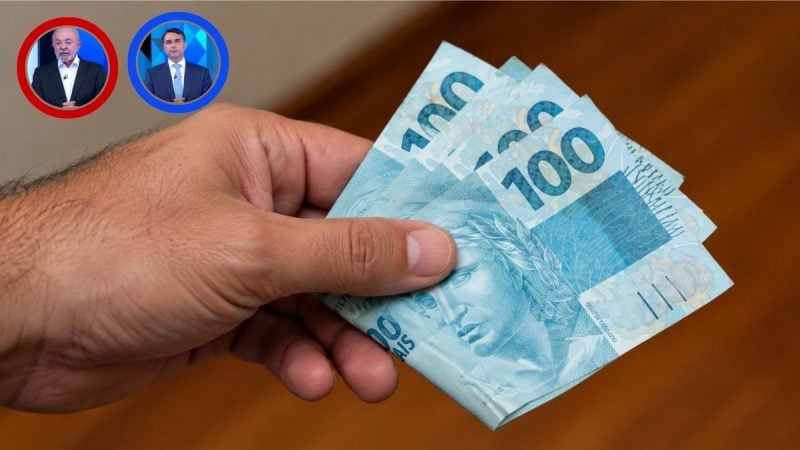 Mão segurando notas de R$ 100 com imagens de Lula e Flávio Bolsonaro, em referência ao debate sobre o reajuste do salário mínimo acima da inflação.