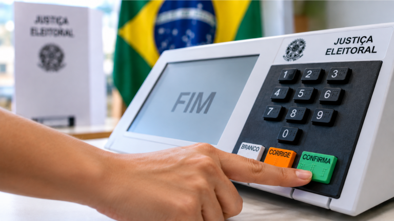 Dedo indicador pressiona a tecla verde Confirma de uma urna eletrônica durante a votação.