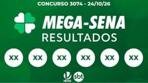 Infográfico da SBT News com o resultado da Mega-Sena, Concurso 3074, realizado em 24/10/26. O título diz "MEGA-SENA RESULTADOS". Abaixo do título, há seis círculos brancos, cada um contendo o número sorteado. O layout é limpo, com fundo verde texturizado e o logotipo da SBT News na parte inferior.