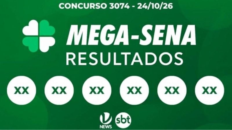 Infográfico da SBT News com o resultado da Mega-Sena, Concurso 3074, realizado em 24/10/26. O título diz "MEGA-SENA RESULTADOS". Abaixo do título, há seis círculos brancos, cada um contendo o número sorteado. O layout é limpo, com fundo verde texturizado e o logotipo da SBT News na parte inferior.