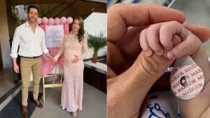 Marcelo Zagonel e Ana Paula Voigot durante a gestação e foto da mão da filha Aurora, que morreu aos 29 dias de vida.