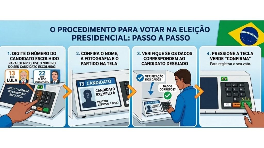 Infográfico "O procedimento para votar na eleição presidencial: passo a passo". Mostra a urna eletrônica com exemplos dos candidatos Lula (13) e Flávio Bolsonaro (22), orientando o eleitor a digitar o número, conferir os dados e apertar a tecla "Confirma".