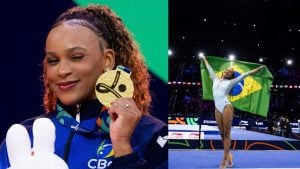 Rebeca Andrade segura medalha de ouro e comemora tricampeonato mundial de ginástica artística com a bandeira do Brasil.
