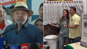 Colagem de fotos. à esquerda, Lula aparece de chapeu e conversa com a imprensa. à direta, Flávio Bolsonaro e esposa posam ao lado de uma urna eletrônica