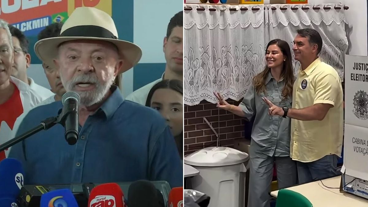 Colagem de fotos. à esquerda, Lula aparece de chapeu e conversa com a imprensa. à direta, Flávio Bolsonaro e esposa posam ao lado de uma urna eletrônica
