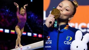Flávia Saraiva durante apresentação na trave e comemorando conquista de medalha no Mundial de Ginástica Artística.