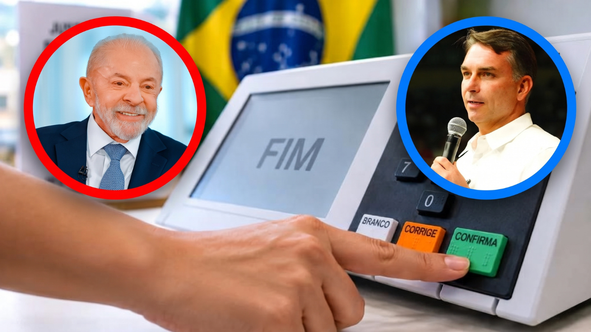 Imagem de urna eletrônica e registro de voto com as mãos, destacando ao fundo dois retratos em destaque: Lula e Jair Bolsonaro em círculos coloridos.