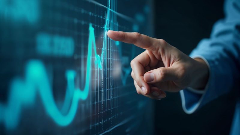 Mão aponta para gráfico de oscilações do mercado financeiro em tela digital.