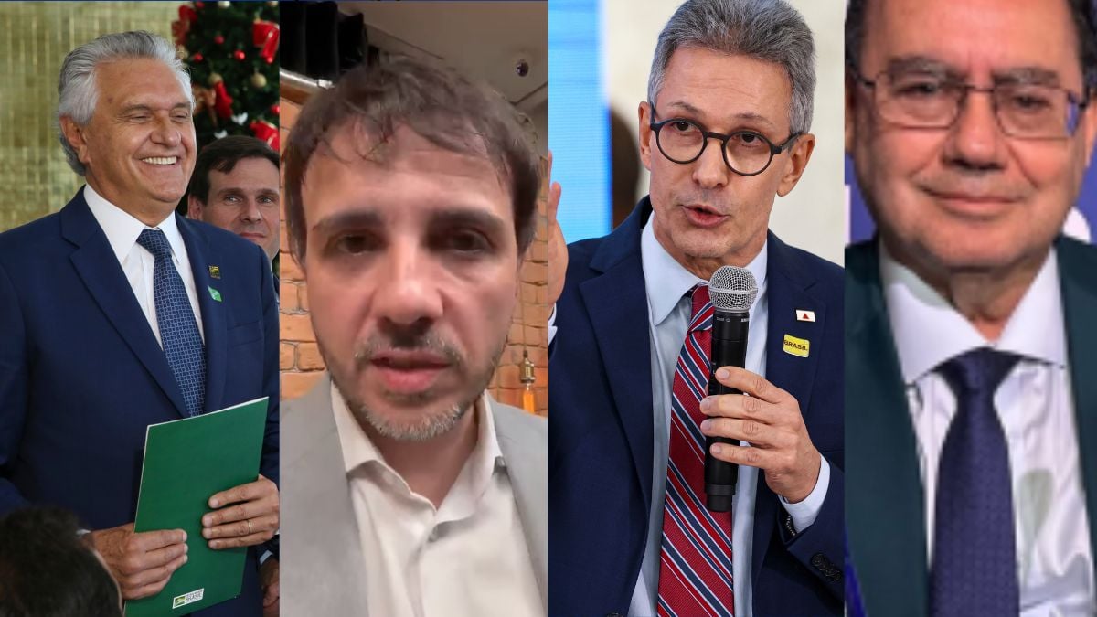 Colagem com fotos de Ronaldo Caiado, Renan Santos, Romeu Zema e Augusto Cury em diferentes registros públicos, incluindo discursos com microfone e fotos em eventos.