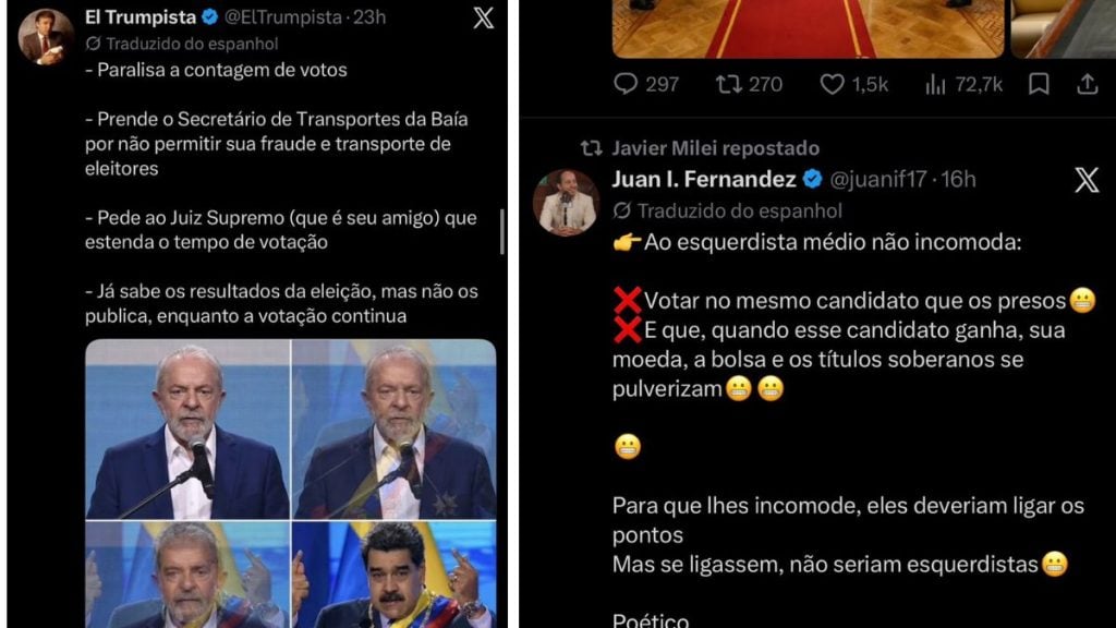 Print de post no X (Twitter) com mensagens em espanhol e português citando votação e fraude, além de imagens em sequência de um homem em discurso com microfone.