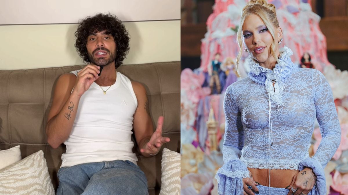 Nikolas e Virginia aparecem em imagens separadas: no primeiro quadro, Nikolas com cabelo volumoso e camiseta branca, em entrevista no sofá; no segundo, Virginia veste roupa de renda azul clara, em um evento decorado ao fundo.