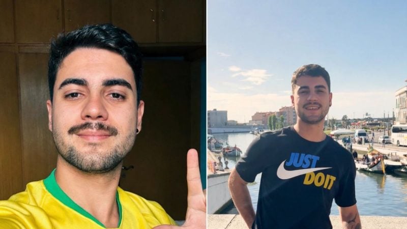 Comparativo em duas fotos de um homem: à esquerda ele aparece em frente a uma porta, sorrindo de forma discreta; à direita ele está ao ar livre, em um passeio à beira de um canal ou rio, usando camiseta preta com estampa “JUST DO IT”.