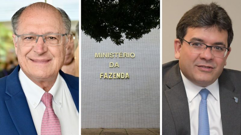 Montagem com Geraldo Alckmin à esquerda, a fachada do Ministério da Fazenda ao centro e Rafael Fonteles à direita.