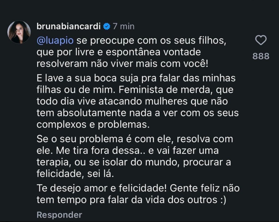 Print de story com texto e interação em rede social: @luapio se preocupa com os seus filhos e há uma mensagem ofensiva sobre feminismo, além de ícones de curtida e contador.