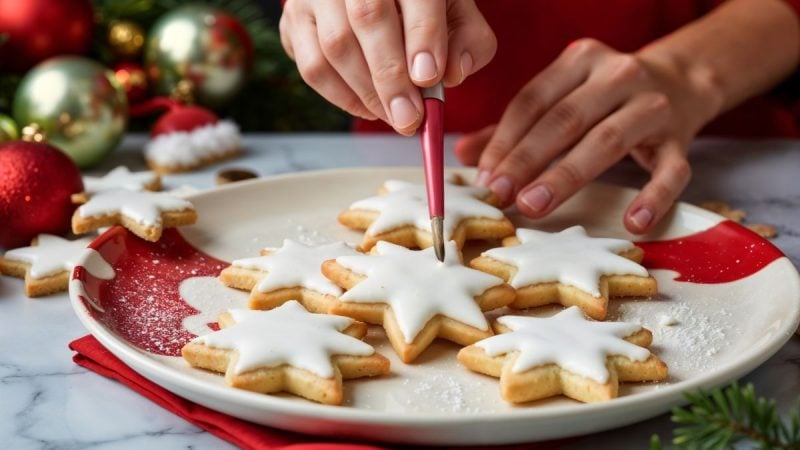 Mãos decorando biscoitos de Natal em formato de estrelas com glacê branco usando um saco de confeitar, com enfeites e frutas desfocados ao fundo
