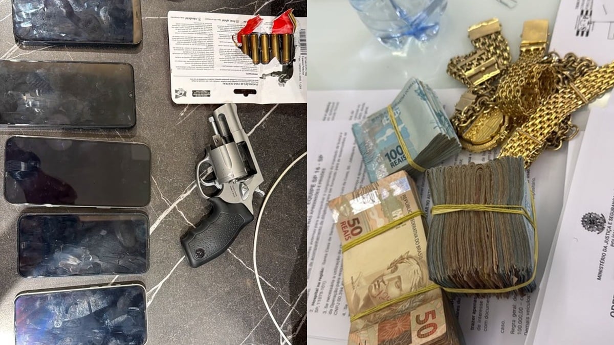 Arma, munições, celulares, dinheiro e joias estão entre os materiais apreendidos durante a Operação Rebuliço, que investiga o tráfico de drogas na Baixada Santista. Foto: Divulgação/Polícia Federal.