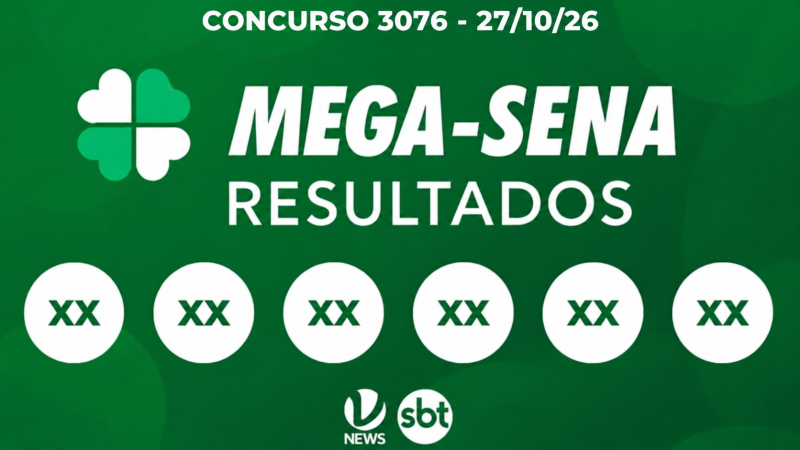Arte do resultado da Mega-Sena concurso 3076, realizado em 27 de outubro de 2026, com seis dezenas a serem preenchidas.