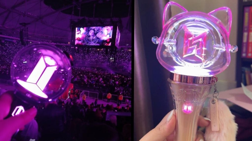 Montagem com imagens de lightsticks em eventos: ao fundo, um show com luz roxa e pessoas na arquibancada, e em primeiro plano um lightstick tipo gatinho com LED rosa e detalhe em forma de letra na ponteira.