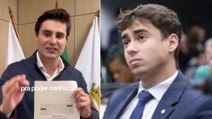 Comparativo de dois retratos de Pedro Rousseff à esquerda e Nikolas Ferreira à direita, um homem em ambiente interno segurando um documento e outro em foto externa com terno e gravata azul.