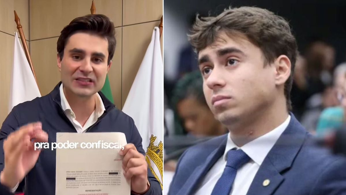 Comparativo de dois retratos de Pedro Rousseff à esquerda e Nikolas Ferreira à direita, um homem em ambiente interno segurando um documento e outro em foto externa com terno e gravata azul.