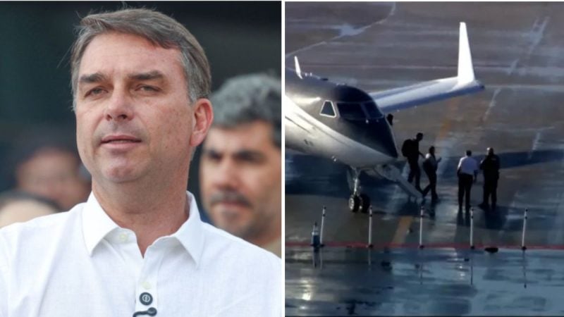 Retrato de Flávio Bolsonaro em evento, à esquerda, e ao lado uma aeronave com pessoas em pé na pista, sugerindo chegada ou preparação para viagem.