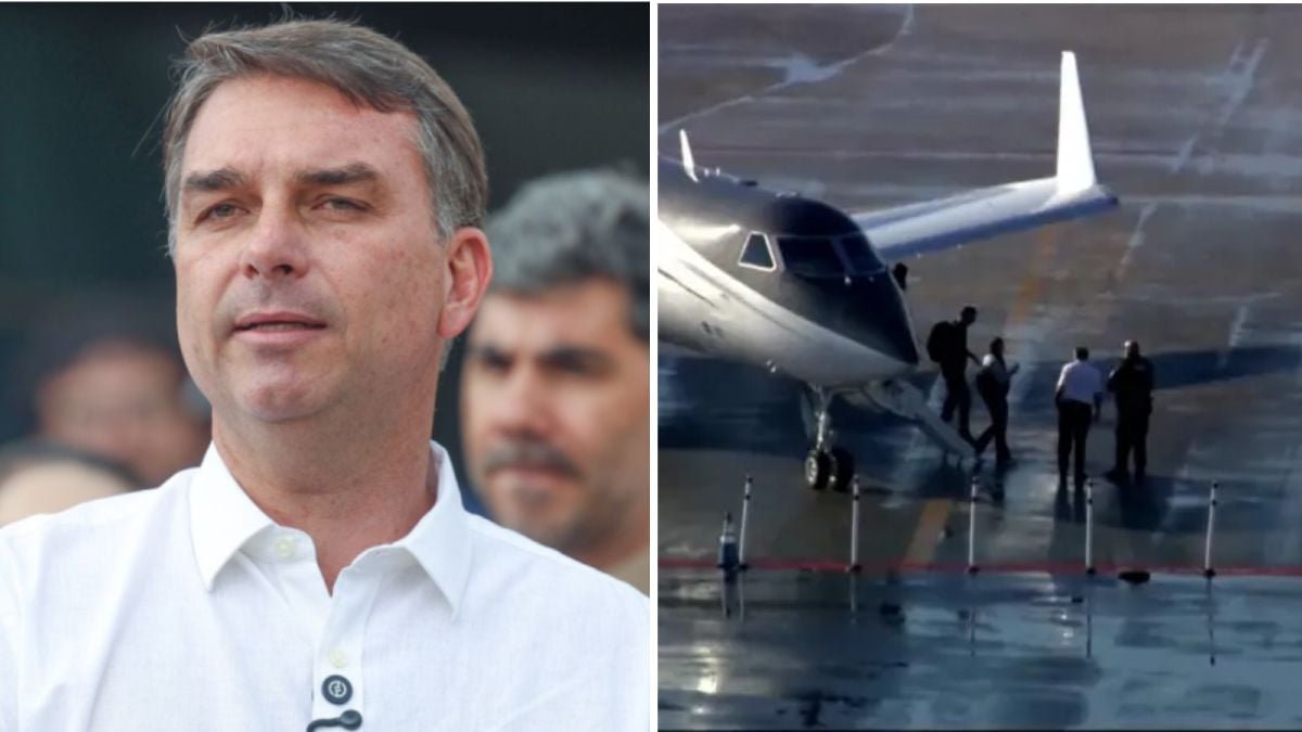 Retrato de Flávio Bolsonaro em evento, à esquerda, e ao lado uma aeronave com pessoas em pé na pista, sugerindo chegada ou preparação para viagem.