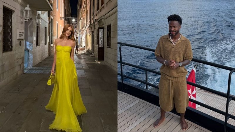 Marina Ruy Barbosa e Vini Jr. posam em cenário urbano e à beira-mar, com Marina usando vestido amarelo e Vini Jr. em roupa casual ao lado da grade do navio.