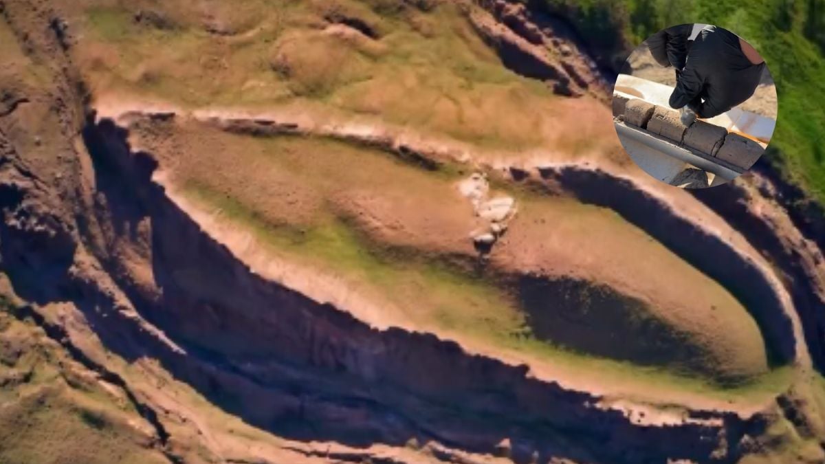 Imagem aérea da região do Monte Ararat, na Turquia, com uma formação geológica e um detalhe com cientistas analisando madeira encontrada no local.