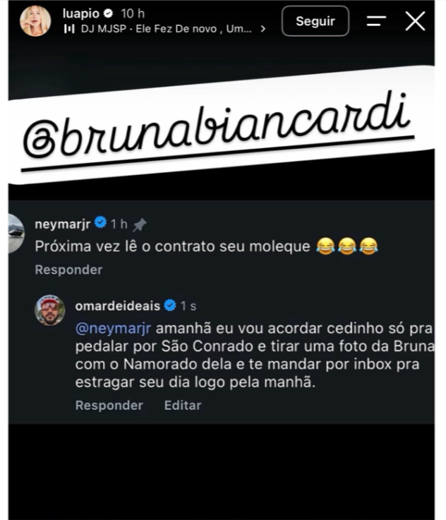 Luana Piovani compartilha indireta de influenciador direcionada a Neymar e marca Bruna Biancardi nos Stories do Instagram.