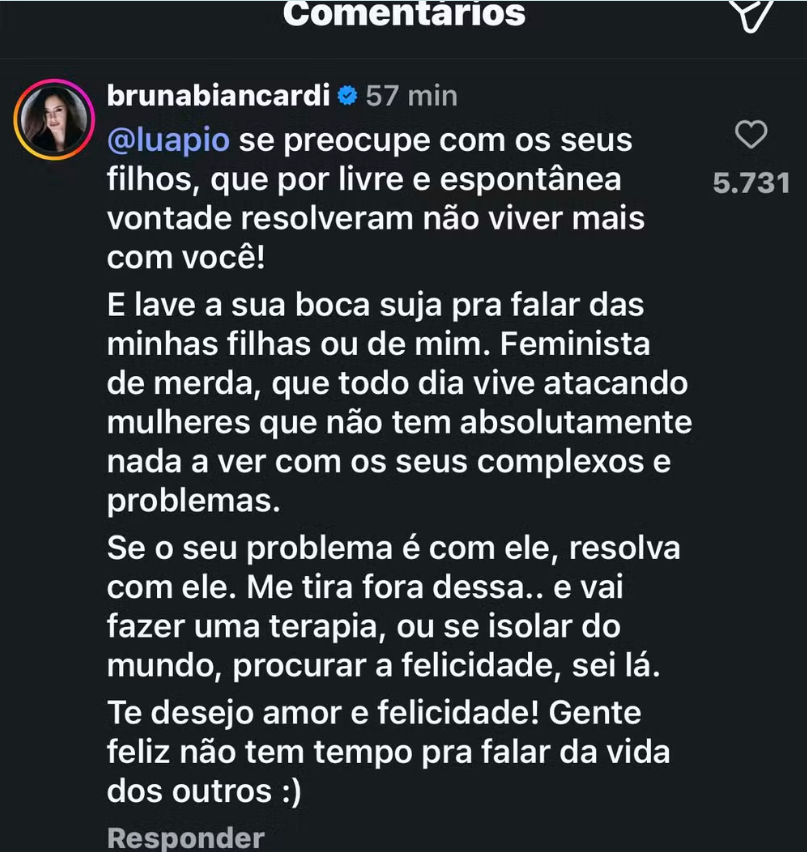 Bruna Biancardi rebate críticas de Luana Piovani em comentário publicado nas redes sociais e defende suas filhas.
