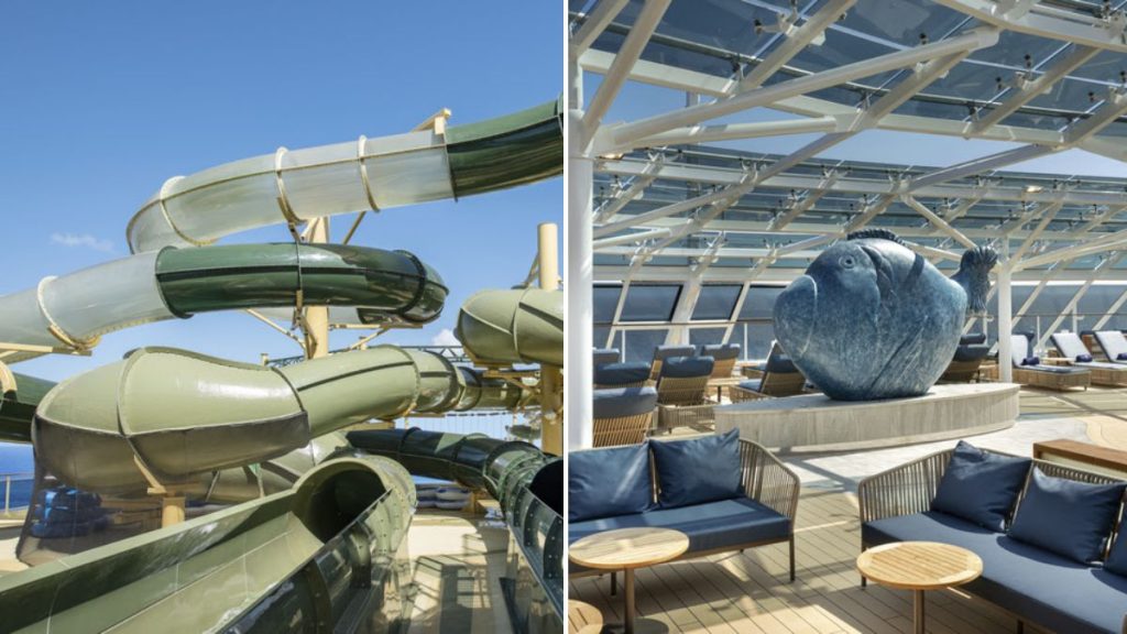 Colagem de fotos. À esquerda um tobogã de água dentro de um navio de cruzeiro MSC. À direita, espaço de convivência com bancos