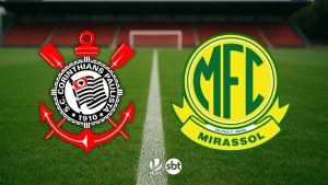 Card informativo “Onde assistir Corinthians x Mirassol” com escudos do Corinthians e Mirassol sobre campo de futebol