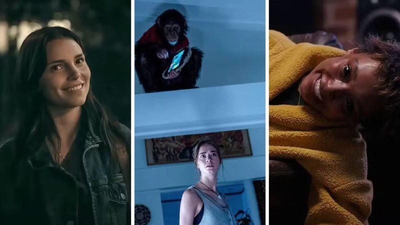 Colagem com cenas de suspense e terror para maratonar: mulher em ambiente escuro, personagem em roupa assustadora e homem com expressão de medo sob luz baixa — filmes de terror