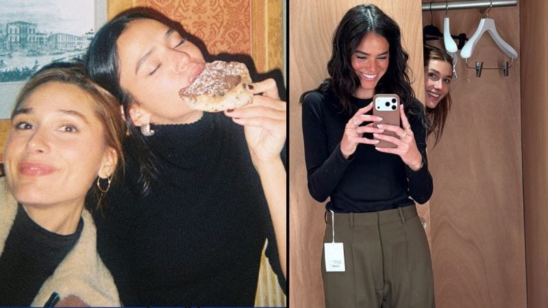 Bruna Marquezine e Sasha posam em fotos descontraídas, com Bruna sorrindo em um ambiente interno e Sasha segurando um celular e posando em frente a um espelho com outra pessoa ao fundo.