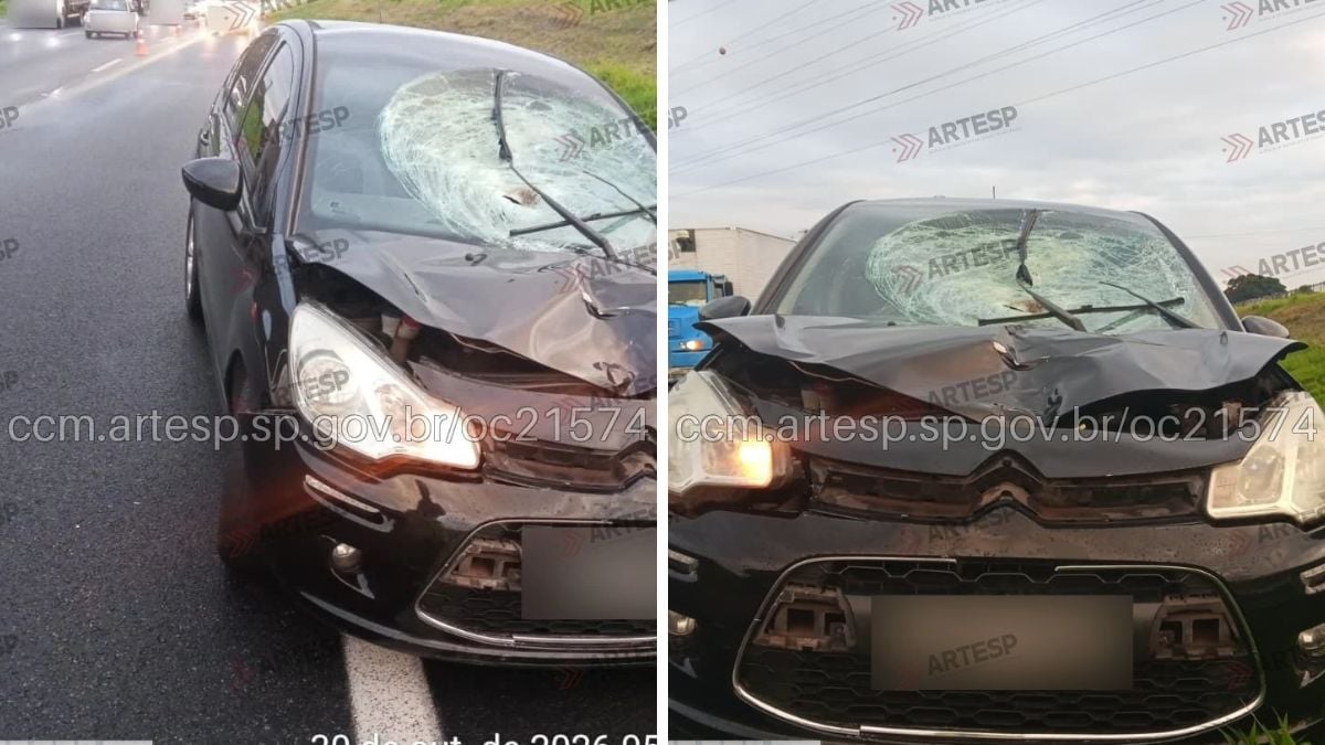 Citroën C3 preto com para-brisa quebrado e capô amassado após acidente fatal na Rodovia dos Bandeirantes, em Campinas.